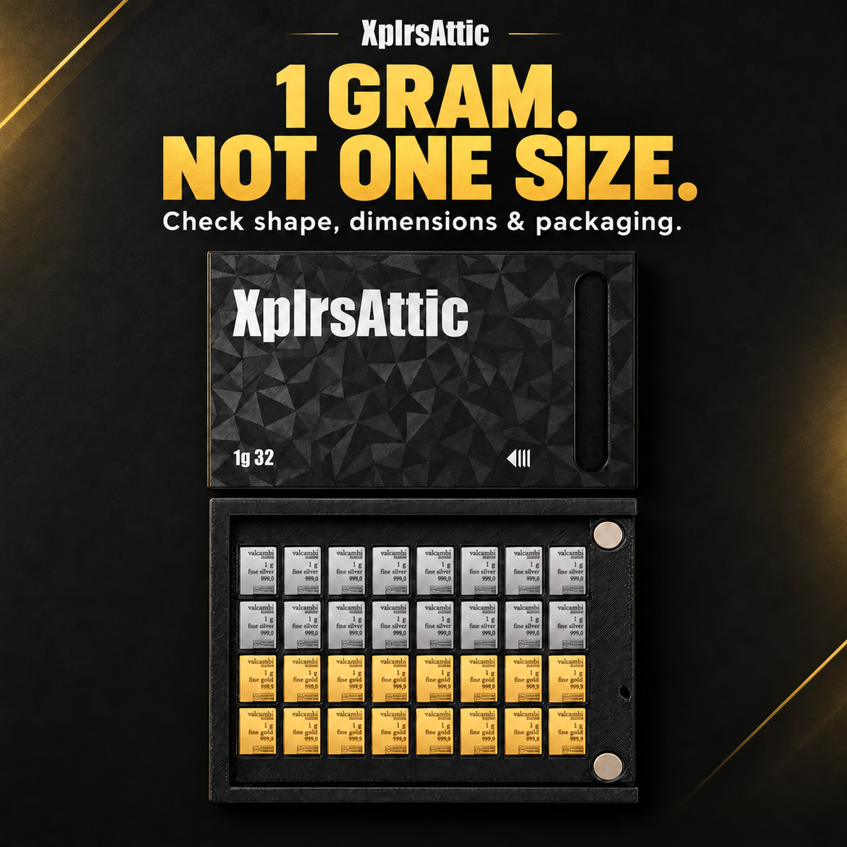 XplrsAttic 32-slot wallet: 1 gram, not one size. Check shape, dimensions and packaging.