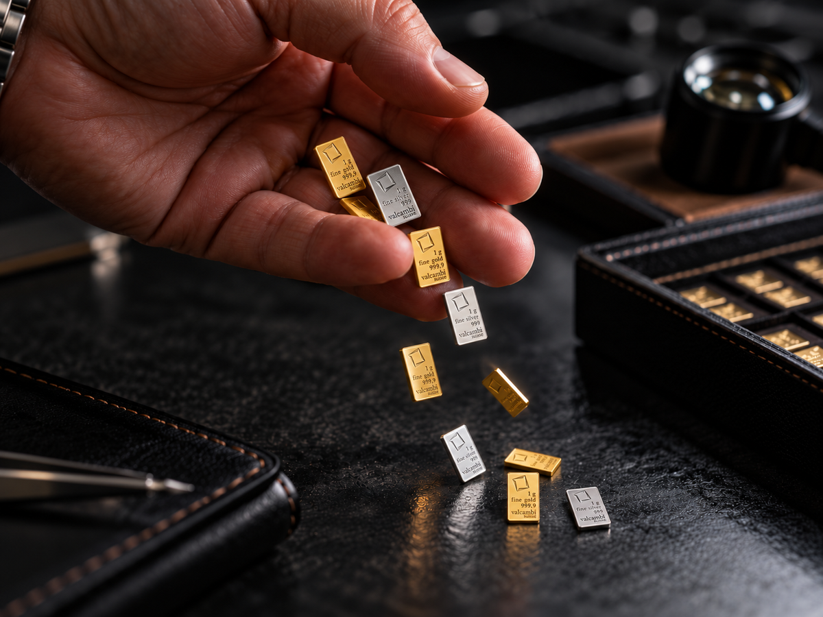 Valcambi 1-gram bullion bars arranged for collection and storage