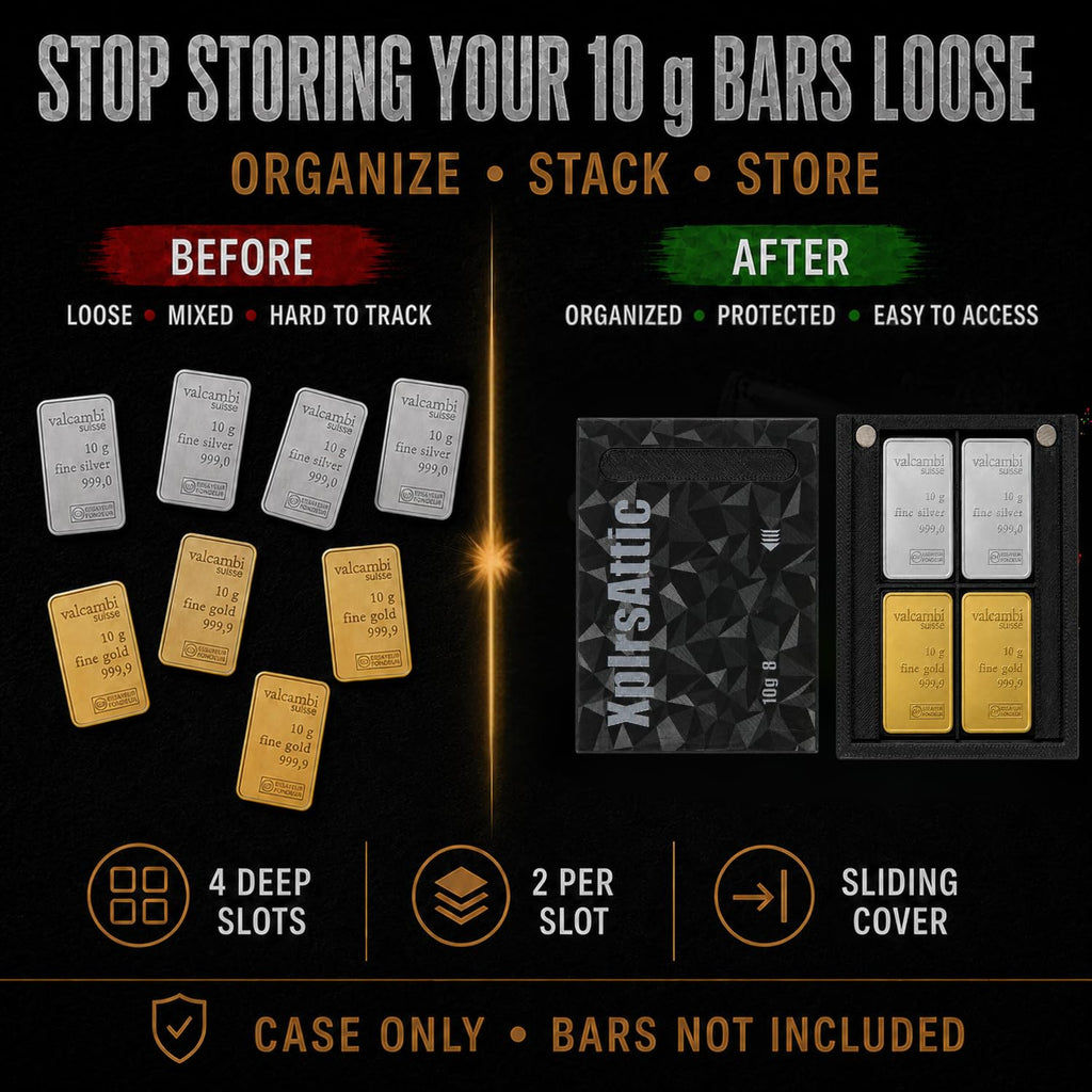 XplrsAttic 10 Gram Bullion Bar Storage Case, Holds 8 Gold Silver Valcambi Bars, 4 Deep Slots Stack 2 Per Slot, Slim Magnetic Sliding Wallet, Coin Case, Bars Not Included