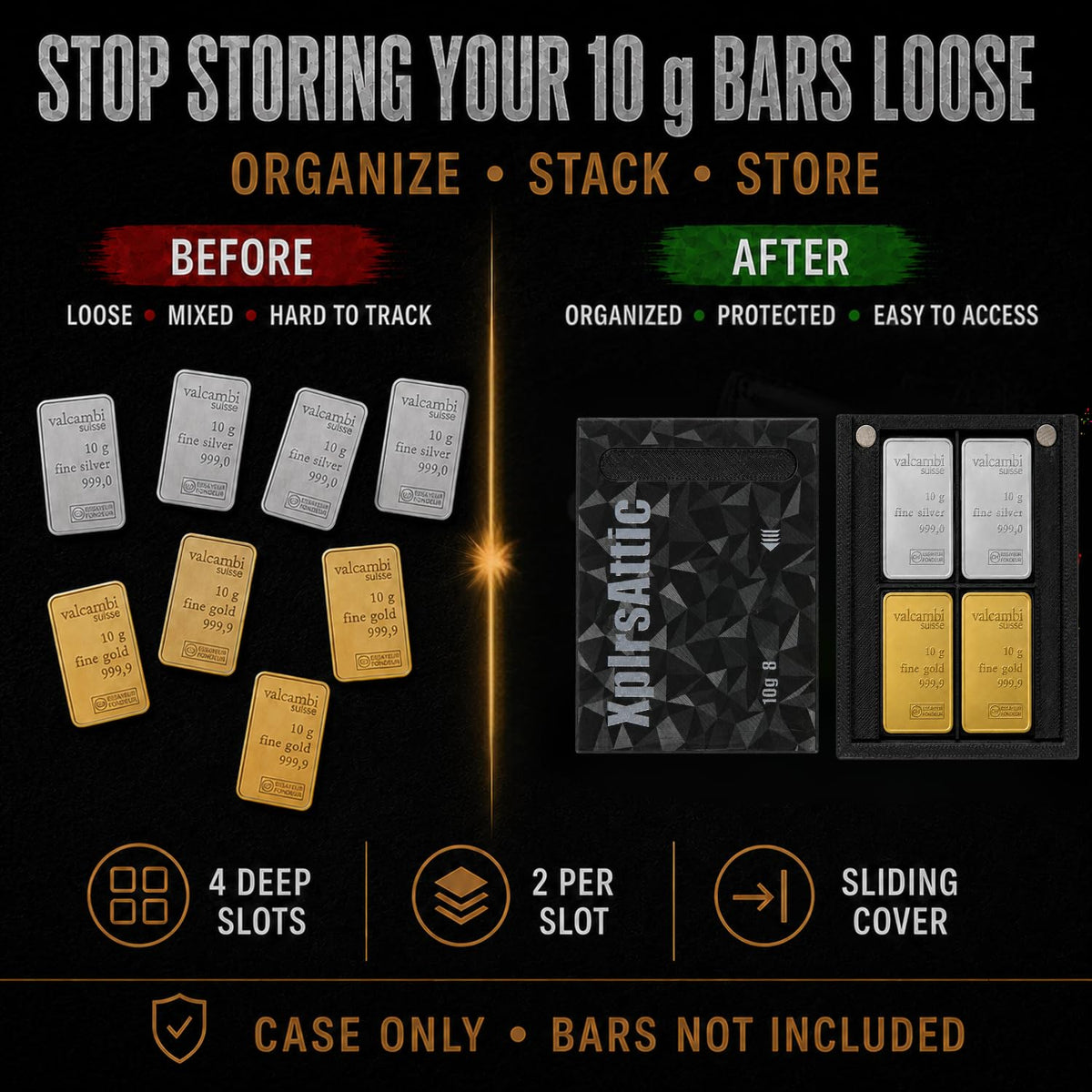 XplrsAttic 10 Gram Bullion Bar Storage Case, Holds 8 Gold Silver Valcambi Bars, 4 Deep Slots Stack 2 Per Slot, Slim Magnetic Sliding Wallet, Coin Case, Bars Not Included