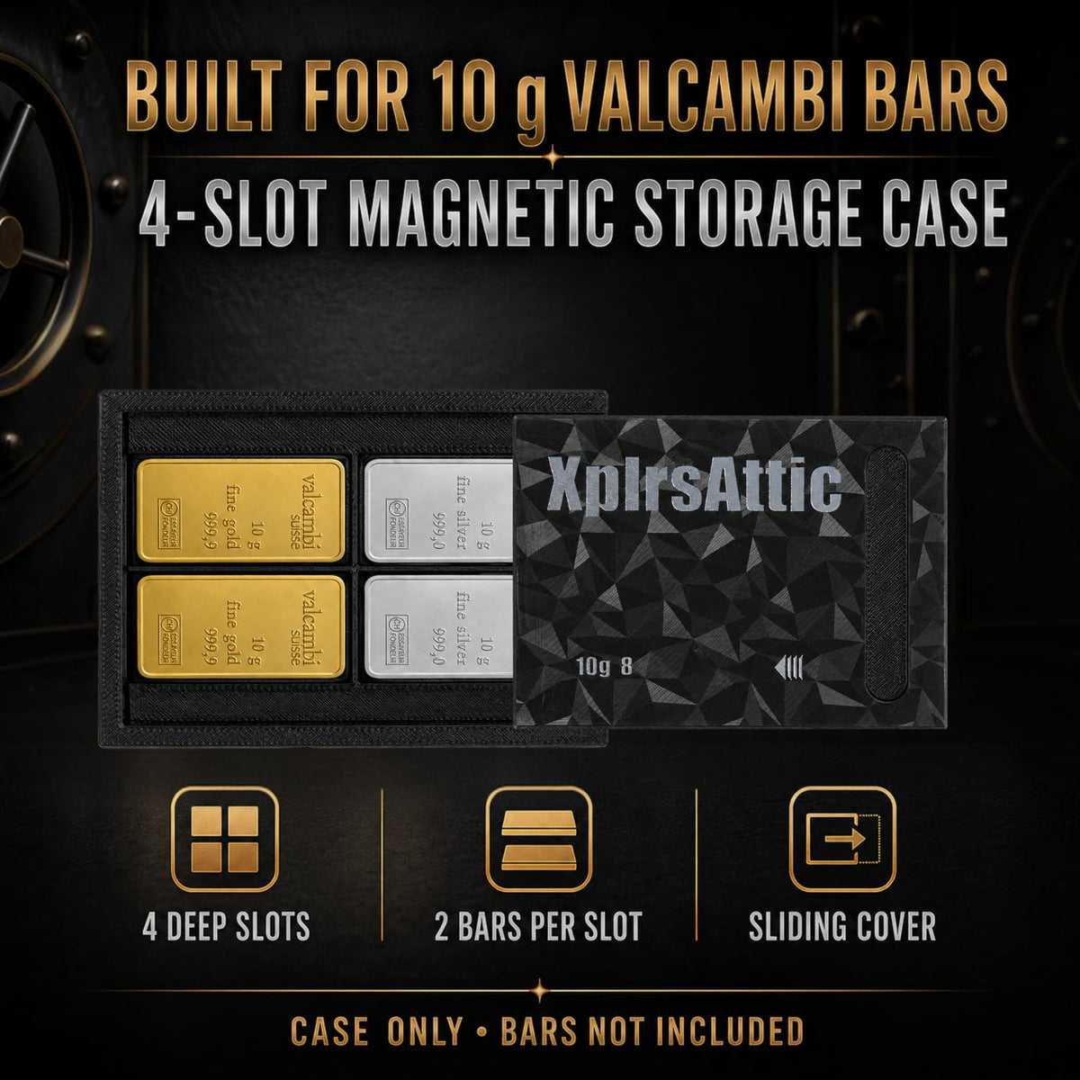 XplrsAttic 10 Gram Bullion Bar Storage Case, Holds 8 Gold Silver Valcambi Bars, 4 Deep Slots Stack 2 Per Slot, Slim Magnetic Sliding Wallet, Coin Case, Bars Not Included