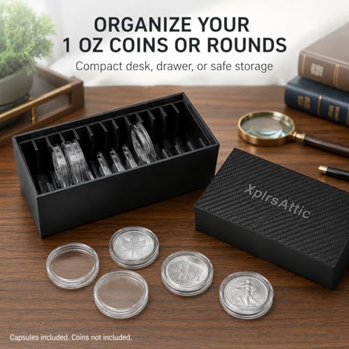 Coin Capsule Storage Box with 12 Capsules – Holds 1 oz Silver Rounds, Morgan Dollars & Peace Dollars up to 40 mm – Bullion & Coin Organizer Case