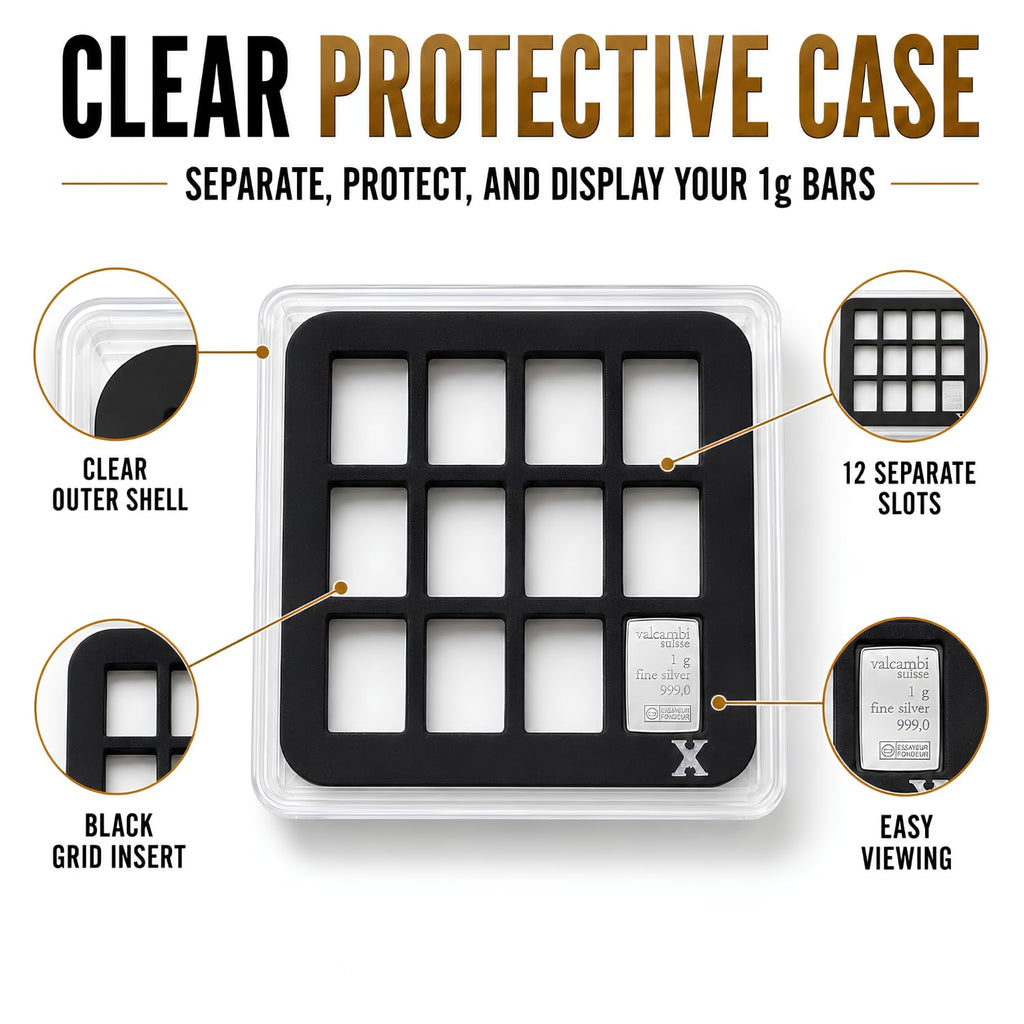 XplrsAttic 1 Gram Silver Bar Display Case 12-Slot Bullion Holder for Valcambi Style CombiBars, Fractional Gold Silver Platinum Stacker Organizer, Wide Format Clear Display Case, Case Only