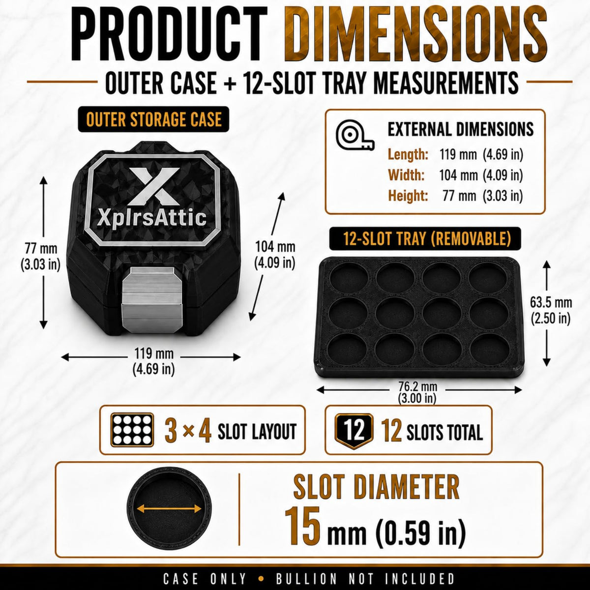 XplrsAttic 120 Slot Bullion Round Storage Case, 15mm 1 Gram Gold Silver Round Organizer, 9 Removable 12 Slot Trays, Compact Display Holder, Case Only