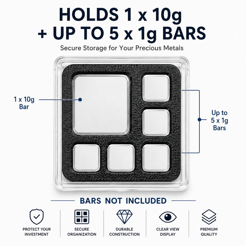 Geiger-Style Bullion Bar Display Case for 10g & 1g Square Bars, Fractional Gold Silver Platinum Storage Organizer, Holds 1x 10g + 5X 1g, Case Only
