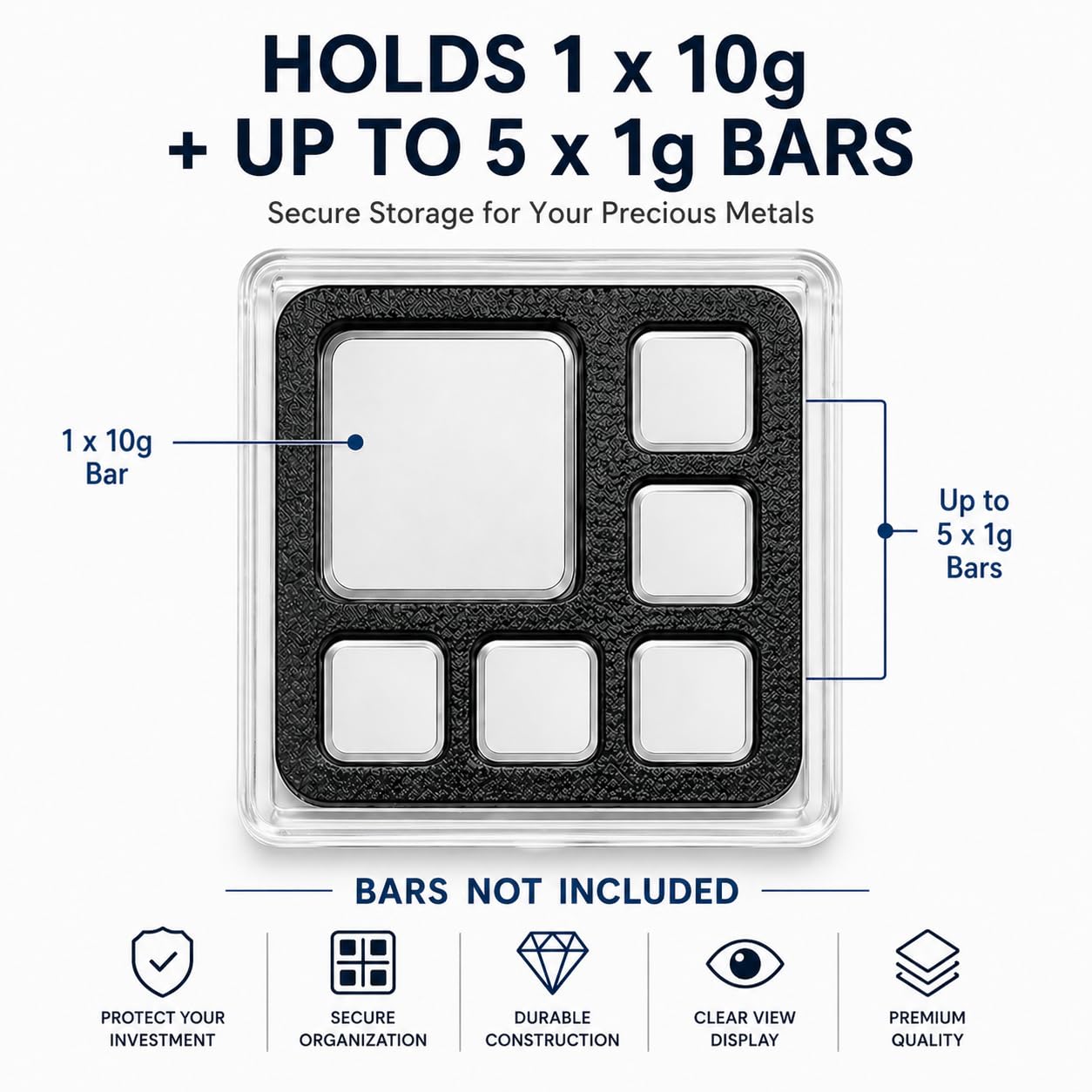 Geiger-Style Bullion Bar Display Case for 10g & 1g Square Bars, Fractional Gold Silver Platinum Storage Organizer, Holds 1x 10g + 5X 1g, Case Only
