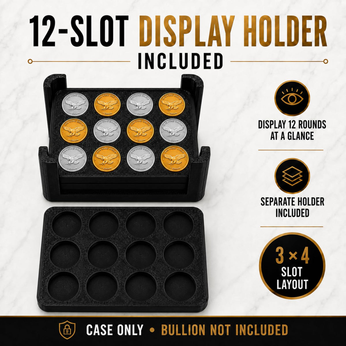 XplrsAttic 120 Slot Bullion Round Storage Case, 15mm 1 Gram Gold Silver Round Organizer, 9 Removable 12 Slot Trays, Compact Display Holder, Case Only
