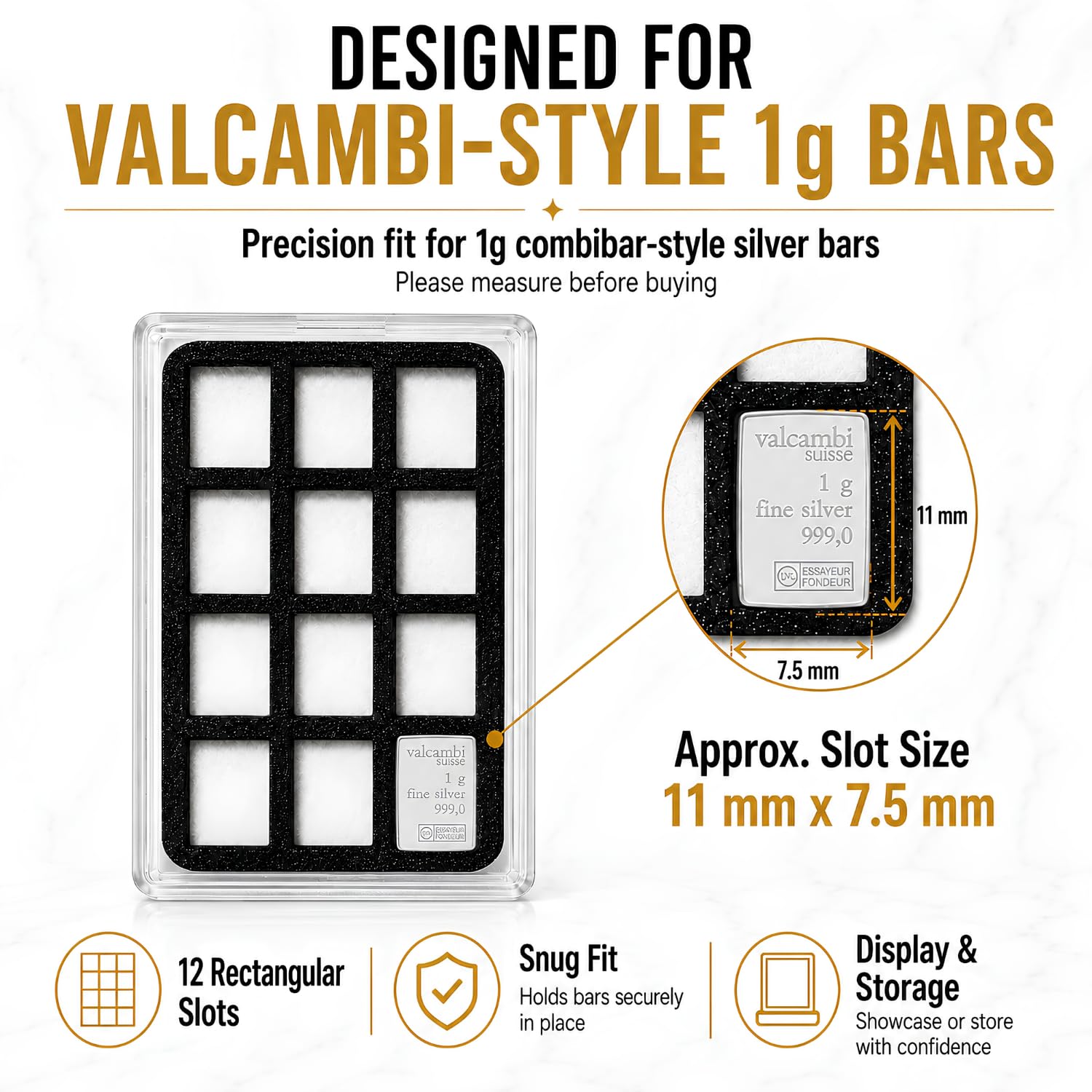 XplrsAttic 1 Gram Silver Bar Display Case - 12-Slot Bullion Holder for Valcambi-Style CombiBars, Fractional Gold Silver Platinum Stacker Organizer for Desk, Safe & Collector Storage