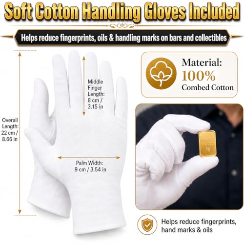 Display Case for 1 Gram Valcambi-Style CombiBars Gold Silver Platinum Bars with Cotton Handling Gloves – 12-Slot Collector Holder for Desk, Office, Gift Display (Includes 1 Bar)