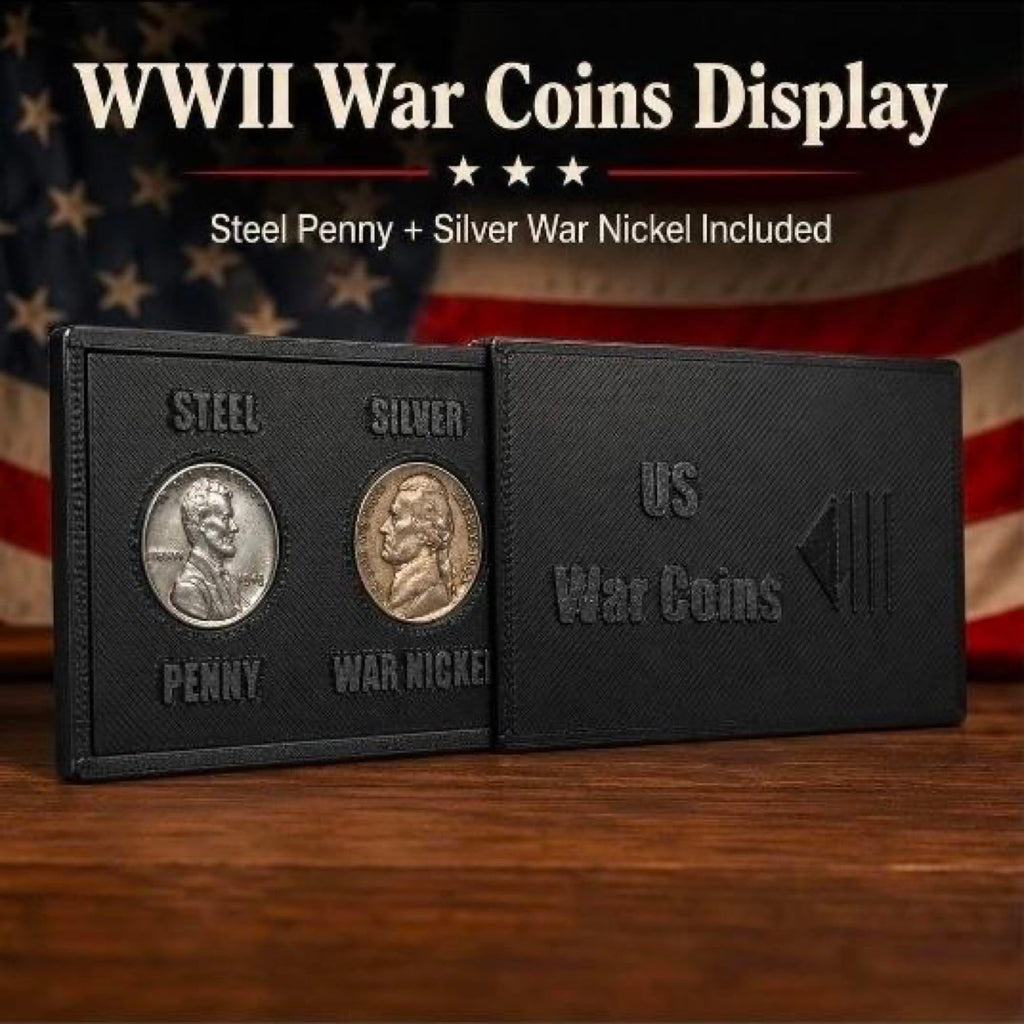 WWII War Coins Display Case with Authentic Steel Penny & Silver War Nickel – US Historical Coin Holder, 2 Slot Collector Display, Educational WWII Memorabilia Gift