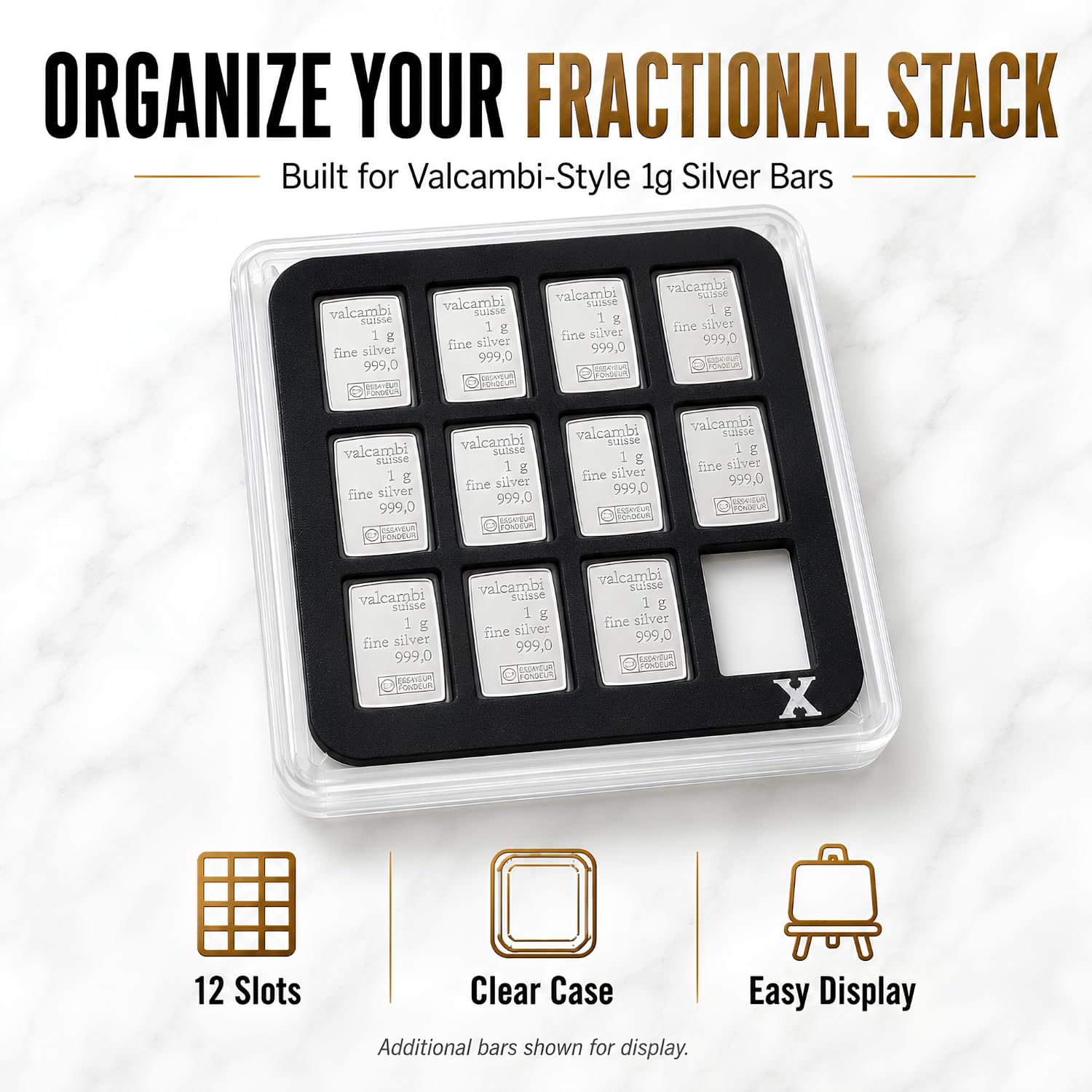 XplrsAttic 1 Gram Silver Bar Display Case 12-Slot Bullion Holder for Valcambi Style CombiBars, Fractional Gold Silver Platinum Stacker Organizer, Wide Format Clear Display Case, Case Only