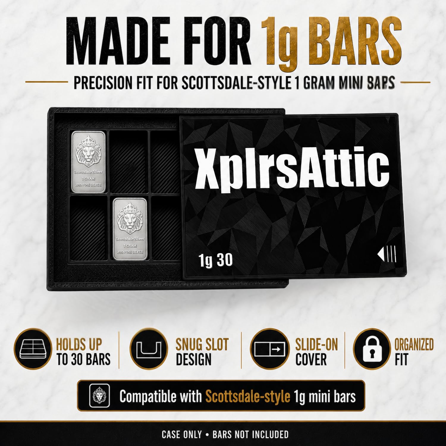 XplrsAttic 1 Gram Bar Storage Case with Slide Cover-10 Slots Tray Holds Up to 30 Scottsdale Style Mini Bars, Compact Bullion Display Organizer, Case Only