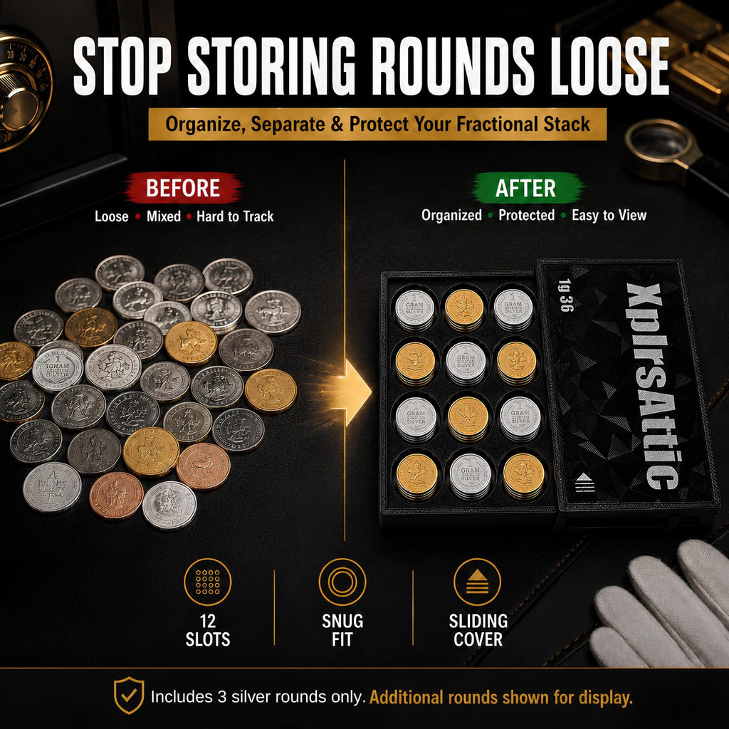 XplrsAttic 1 Gram Round Storage Case - 36-Slot Holder for Gold, Silver & Platinum Bullion Rounds, 15mm Precision Slots with Sliding Cover