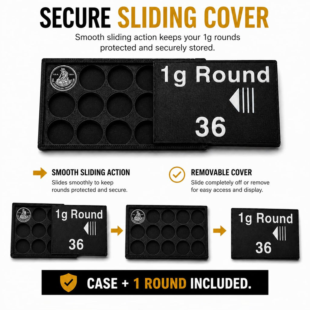 Bullion Storage Case for 1g Rounds - Holds 36 Gold Silver Platinum Rounds - 15 mm Precision Holder with Sliding Cover - Compact Organizer (1 Silver Round Included)
