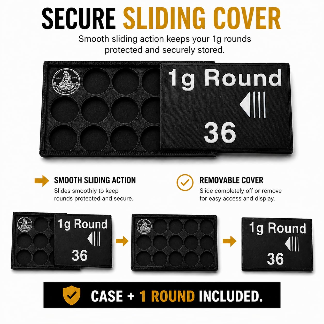 Bullion Storage Case for 1g Rounds - Holds 36 Gold Silver Platinum Rounds - 15 mm Precision Holder with Sliding Cover - Compact Organizer (1 Silver Round Included)