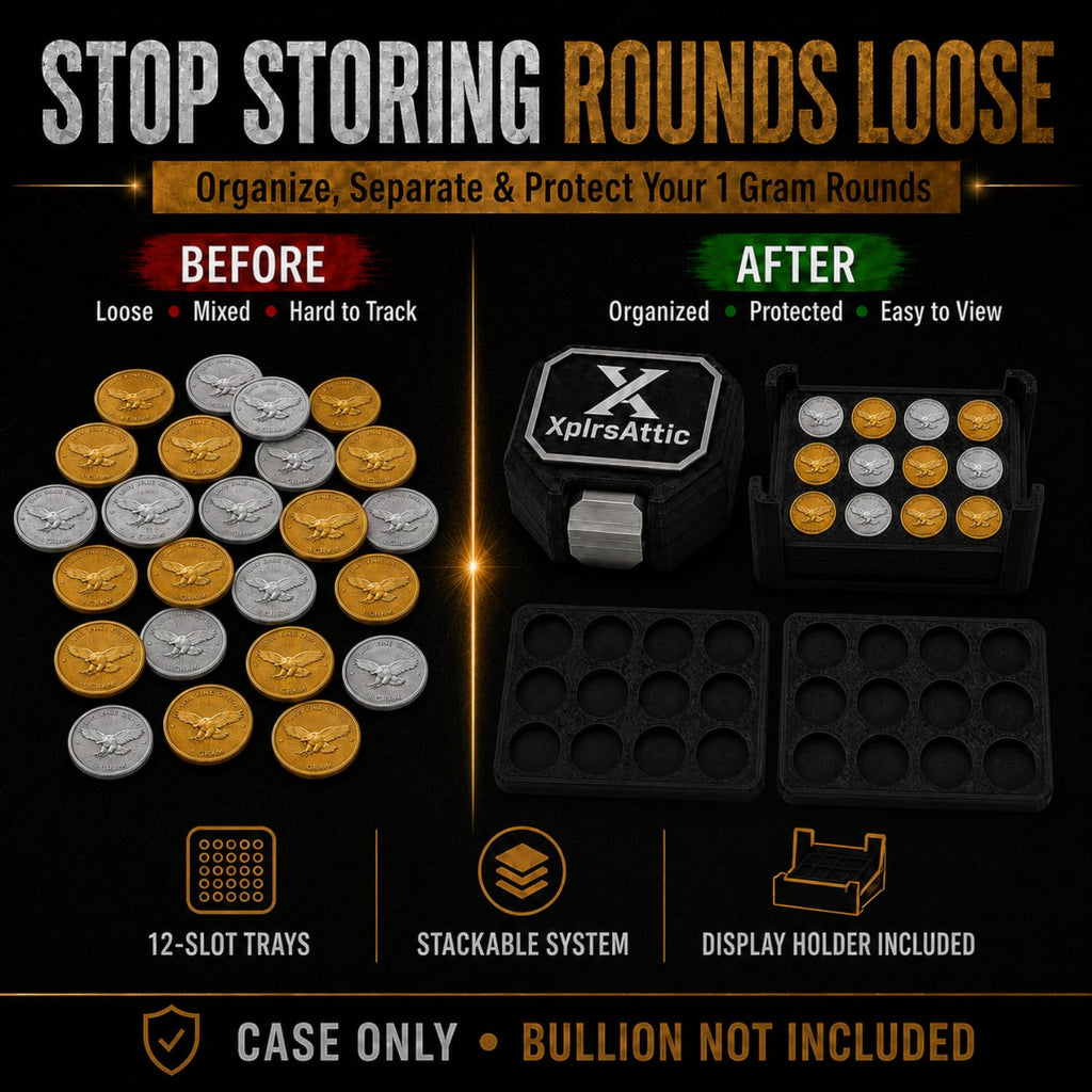 XplrsAttic 120 Slot Bullion Round Storage Case, 15mm 1 Gram Gold Silver Round Organizer, 9 Removable 12 Slot Trays, Compact Display Holder, Case Only