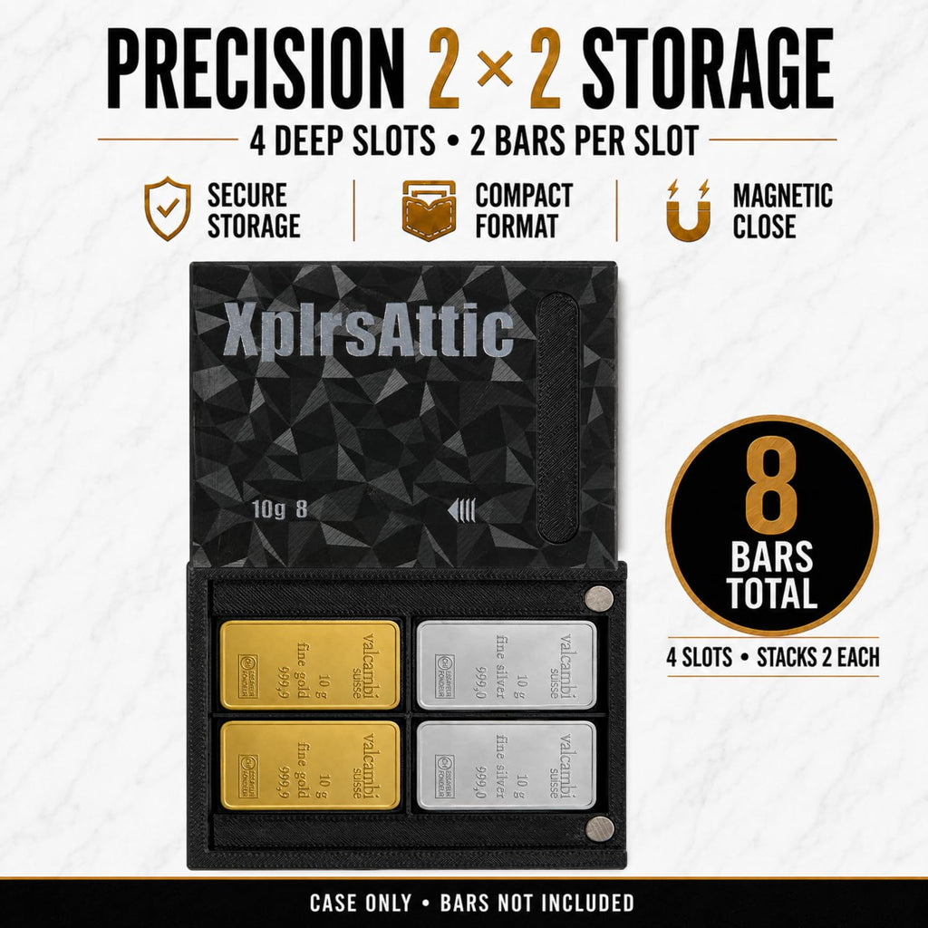 XplrsAttic 10 Gram Bullion Bar Storage Case, Holds 8 Gold Silver Valcambi Bars, 4 Deep Slots Stack 2 Per Slot, Slim Magnetic Sliding Wallet, Coin Case, Bars Not Included