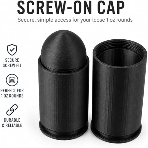 Bullet-Style Screw-On Bullion Coin Storage Case, Holds Up to 22 Loose 1 oz Silver, Copper & Gold Rounds up to 40mm, Black Plastic Coin Tube Holder with 1 Random 1 oz Copper Round Sample Included