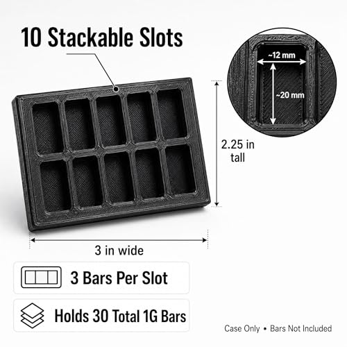 1 Gram Bar Storage Case with Slide Cover, 10-Slot 3D Printed Holder Tray, Holds up to 30 Scottsdale-Style Mini Bars, Compact Black Display Organizer, Case Only