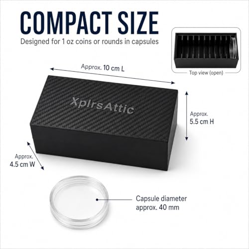 Coin Capsule Storage Box with 12 Capsules – Holds 1 oz Silver Rounds, Morgan Dollars & Peace Dollars up to 40 mm – Bullion & Coin Organizer Case