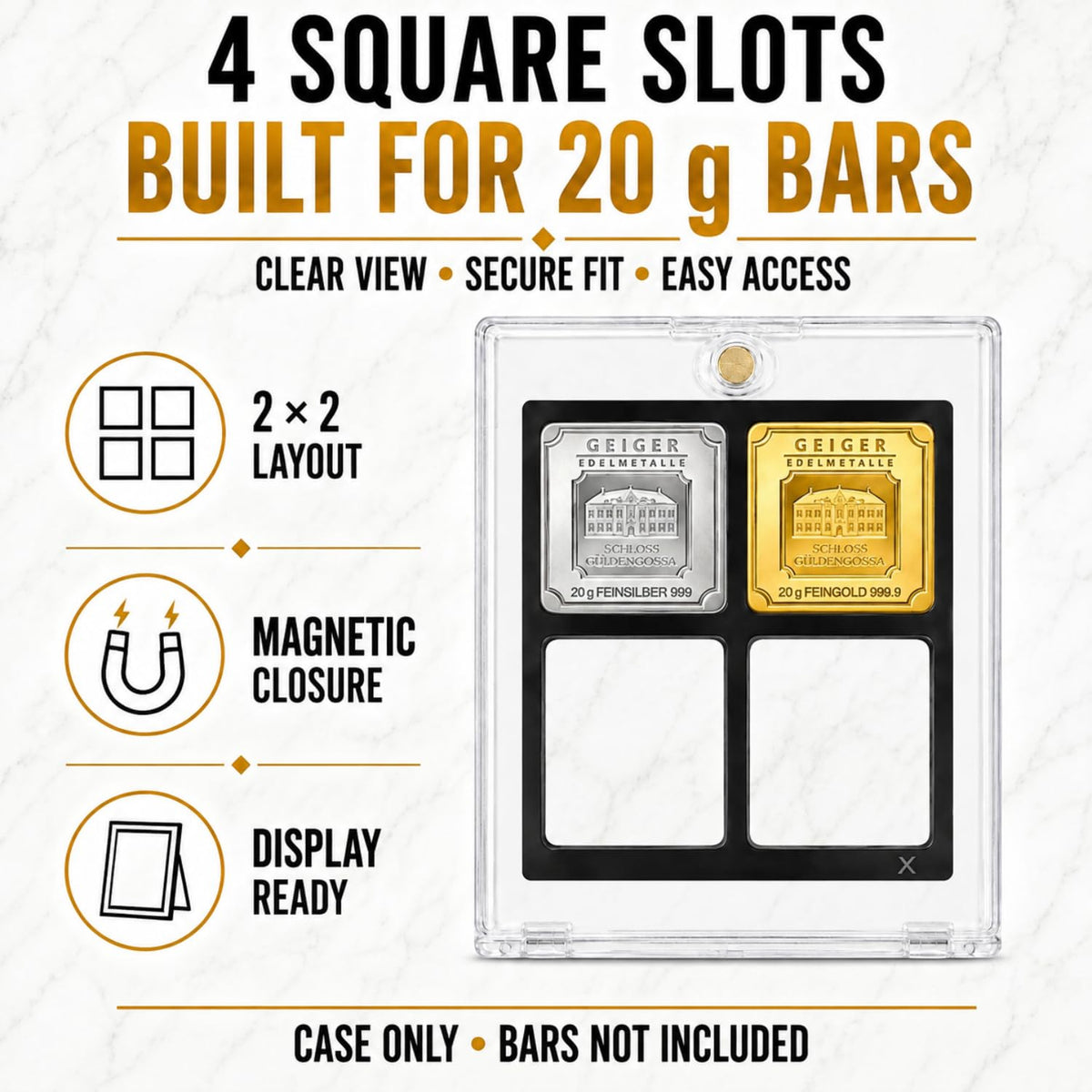 XplrsAttic Geiger Style Square Bar Display Case, Magnetic One Touch Bullion Holder for Gold & Silver Bars, Coin Showcase