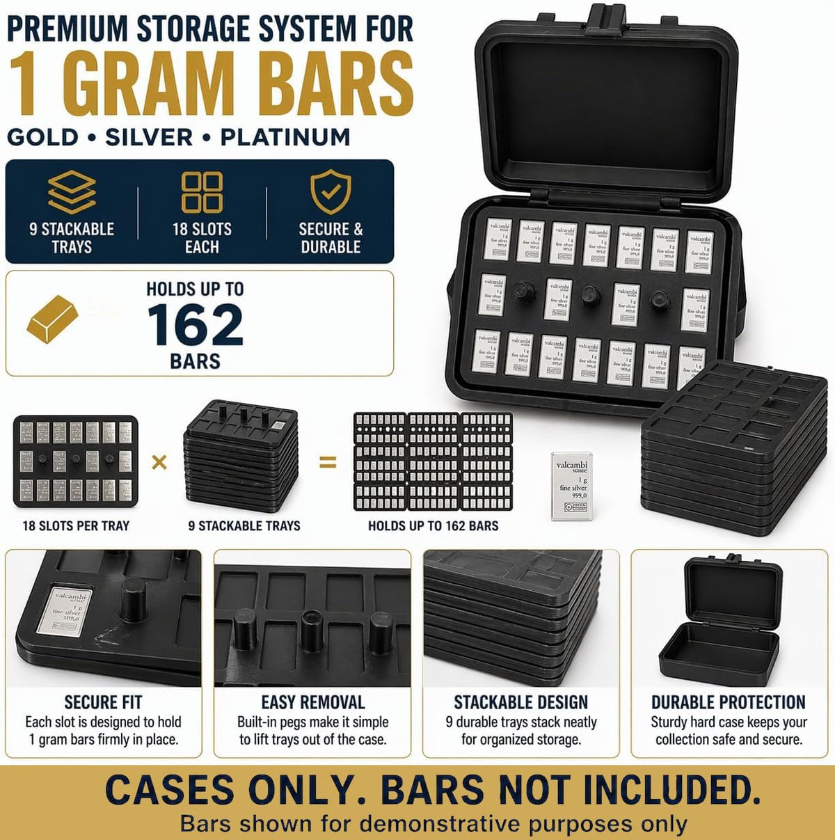 1 Gram Bullion Storage Case Set for CombiBar-Style Bars – Holds 174 Gold Silver Platinum Bars, 12-Slot Display Holder + 162-Slot Organizer, Case Only