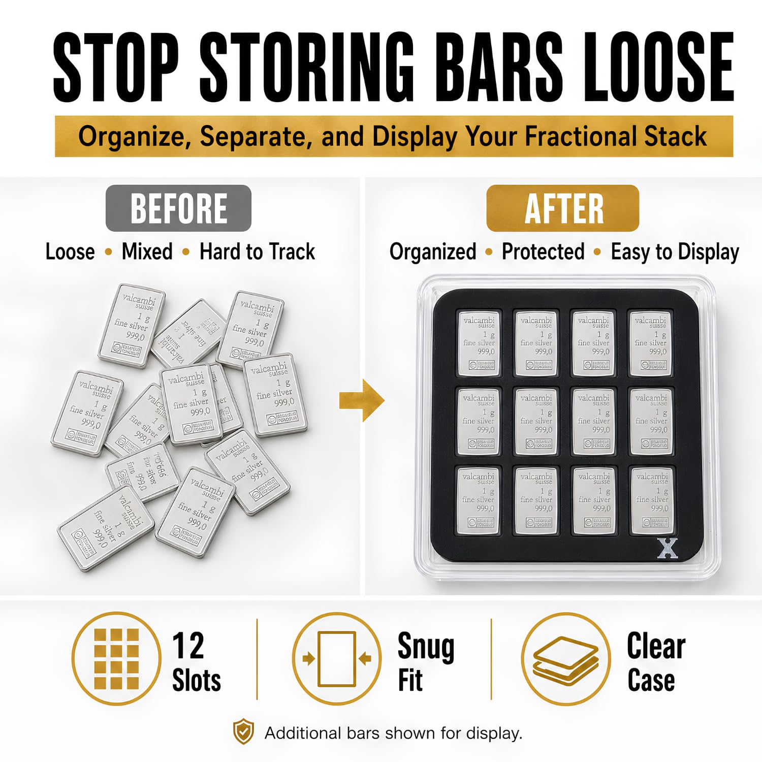 XplrsAttic 1 Gram Silver Bar Display Case 12-Slot Bullion Holder for Valcambi Style CombiBars, Fractional Gold Silver Platinum Stacker Organizer, Wide Format Clear Display Case, Case Only