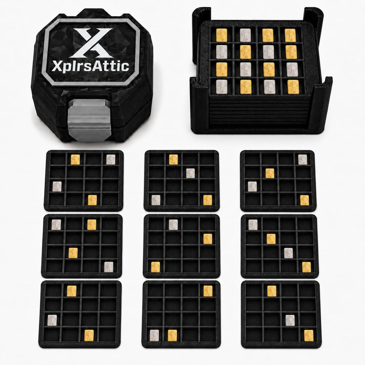 XplrsAttic 160-Slot Bullion Bar Storage Case - 1 Gram Silver, Gold Fractional Bar Organizer, 10 Removable 16-Slot Trays, Compact Display Holder, Case Only
