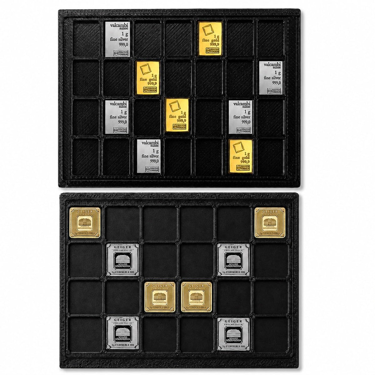 1 Gram Bullion Bar Storage Wallet Bundle, 28-Slot Valcambi-Style 1g Bar Holder & 24-Slot Geiger-Style Square Bar Case, Fractional Gold Silver Platinum Organizer, 2-Pack, Cases Only