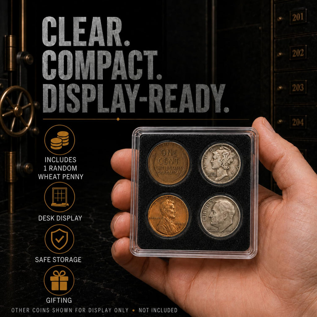 XplrsAttic 4 Slot Coin Display Case for Pennies & Dimes, Includes Lincoln Wheat Penny, Compact 2x2 Tabletop Holder, Beginner Coin Collecting Starter Kit