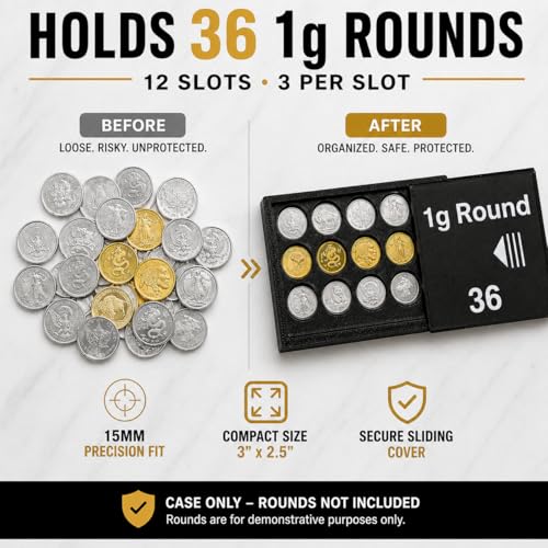Bullion Storage Case for 1g Rounds - Holds 36 Gold Silver Platinum Rounds - 15 mm Precision Holder with Sliding Cover - Compact Organizer (Case Only, Bars Not Included)