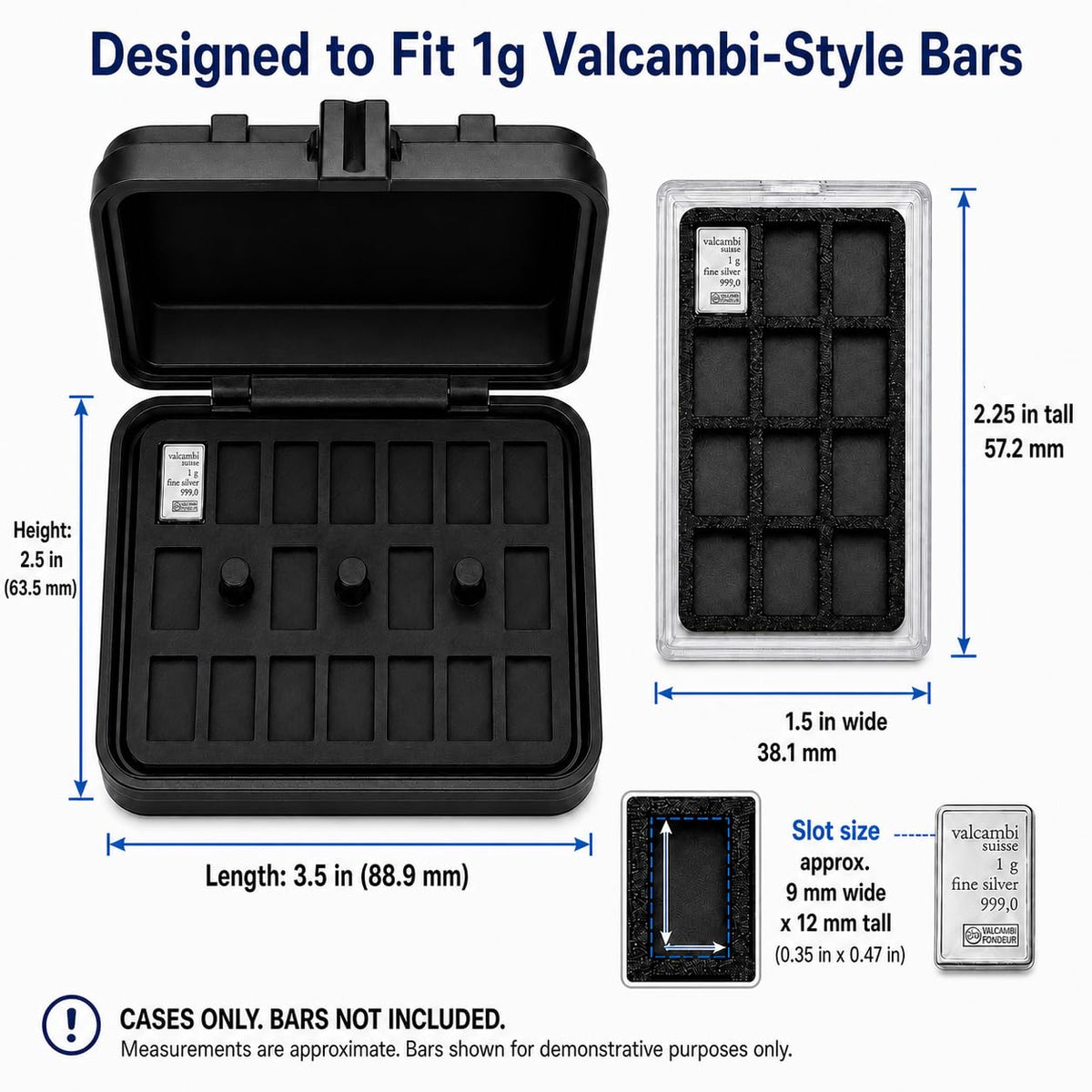 1 Gram Bullion Storage Case Set for CombiBar-Style Bars – Holds 174 Gold Silver Platinum Bars, 12-Slot Display Holder + 162-Slot Organizer, Case Only