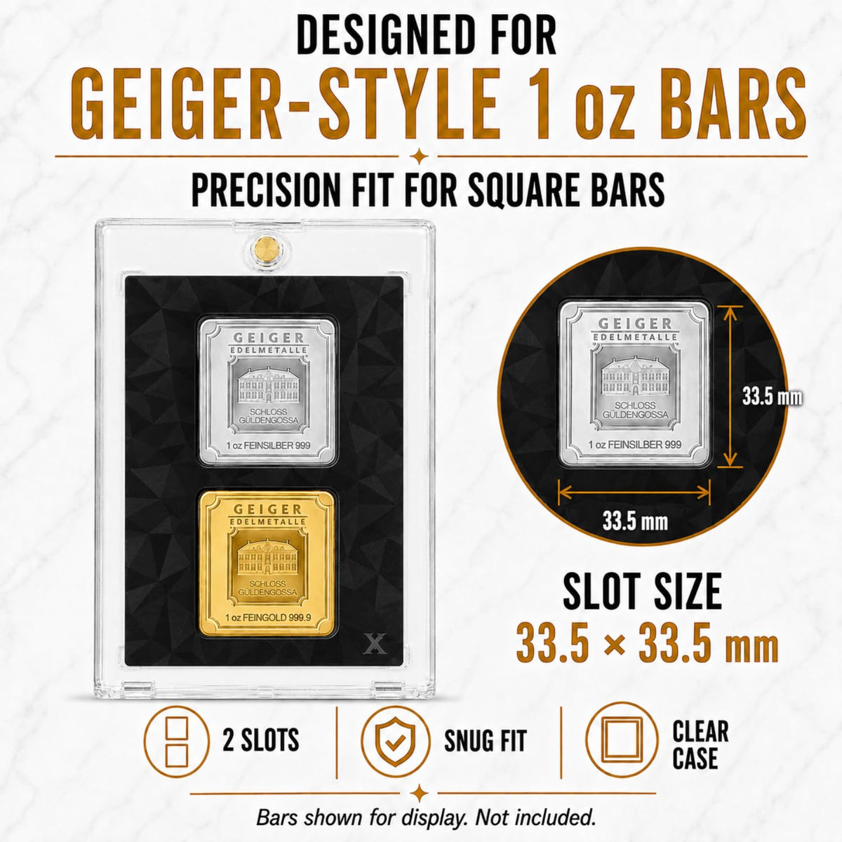 XplrsAttic Geiger Style Square Bar Display Case, Magnetic One Touch Bullion Holder for Gold & Silver Bars, Coin Showcase