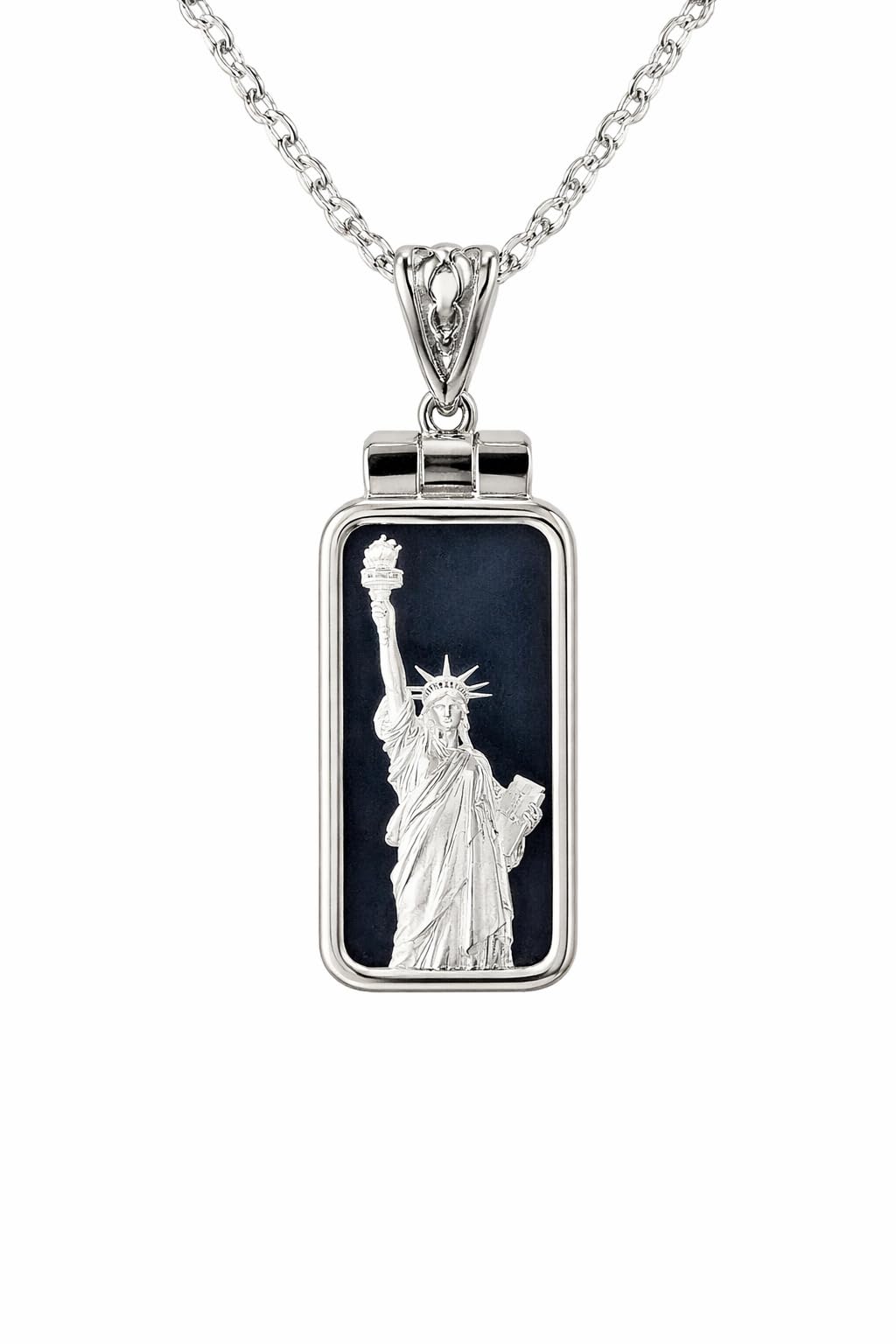 Solid .999 Fine Silver Statue of Liberty Necklace Real Silver Bar Pendant, 20" Sterling Chain, Minimalist USA Jewelry Gift for Women & Men
