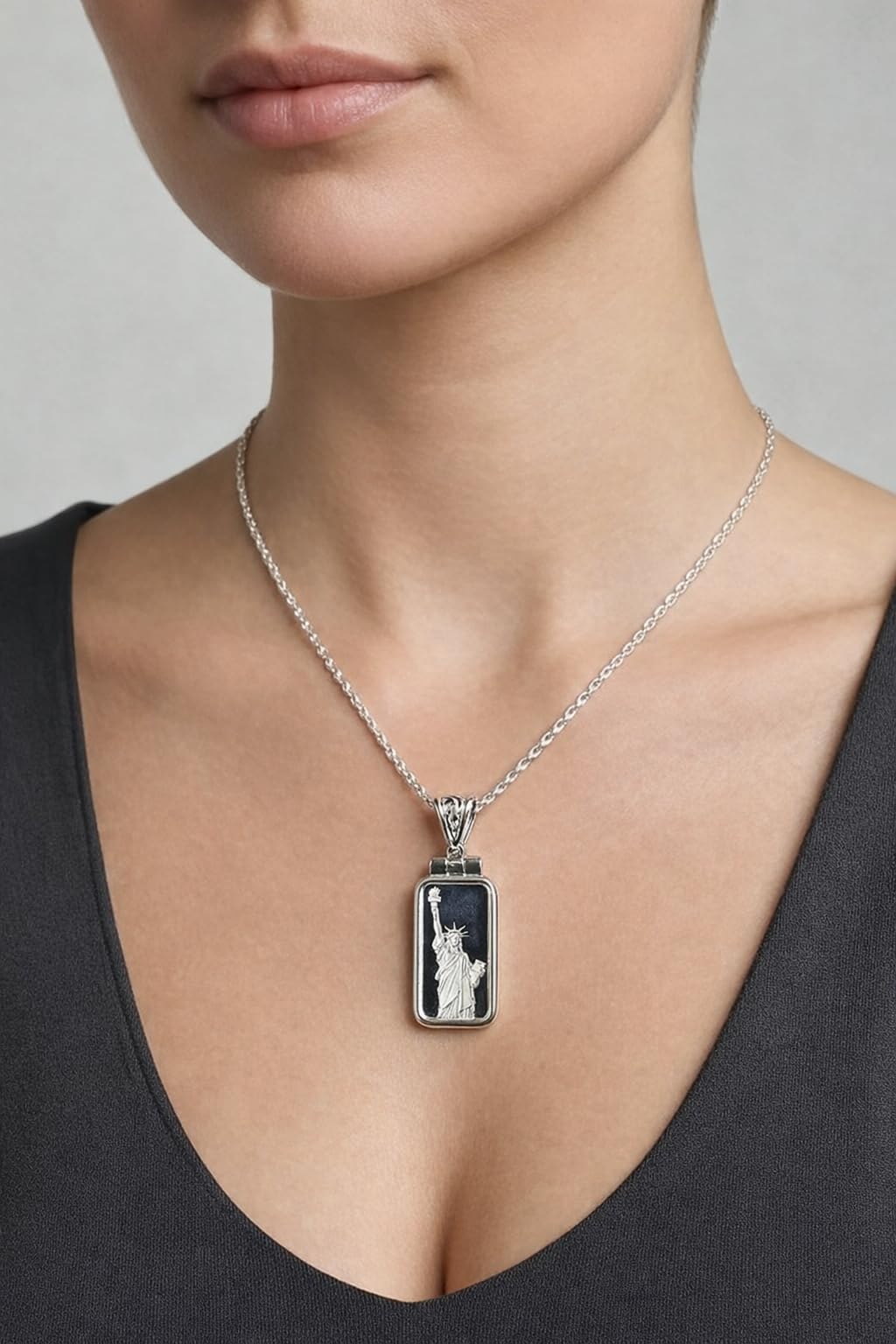 Solid .999 Fine Silver Statue of Liberty Necklace Real Silver Bar Pendant, 20" Sterling Chain, Minimalist USA Jewelry Gift for Women & Men
