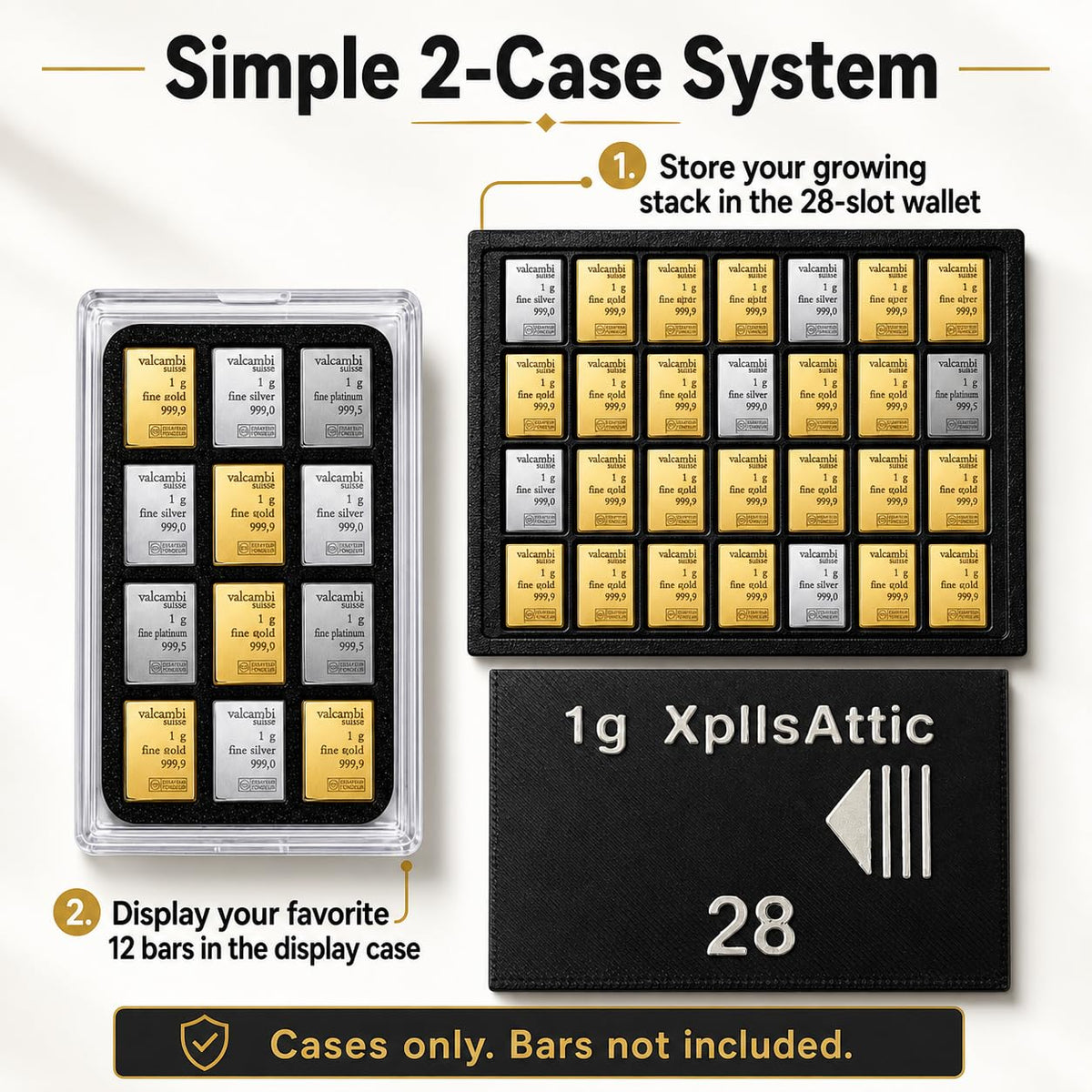 1g Bullion Bar Storage Case Bundle – 28 Slot Sliding Wallet + 12 Slot Display Case for Valcambi Style CombiBars, Silver Gold Platinum Bar Organizer, Desk Safe Pocket Storage (Cases Only)