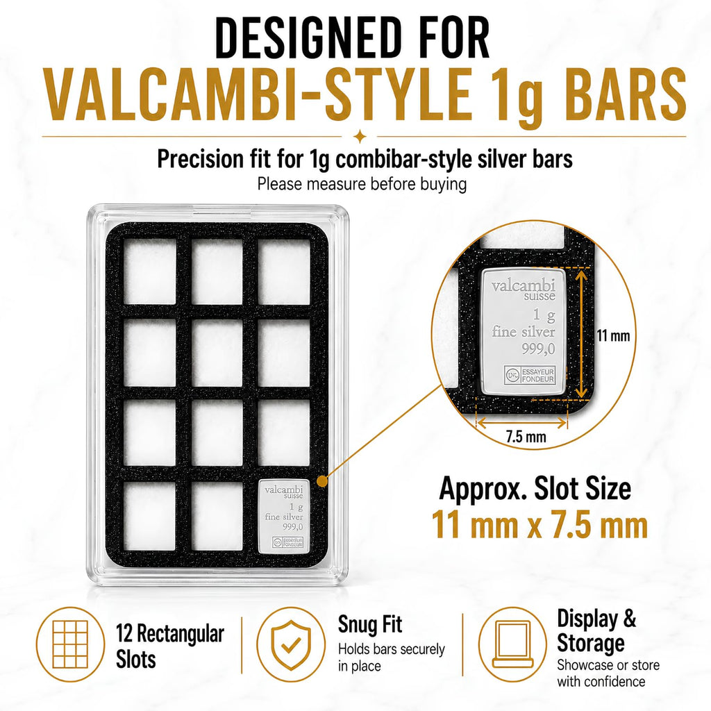 XplrsAttic 1 Gram Silver Bar Display Case - 12-Slot Bullion Holder for Valcambi-Style CombiBars, Fractional Gold Silver Platinum Stacker Organizer for Desk, Safe & Collector Storage