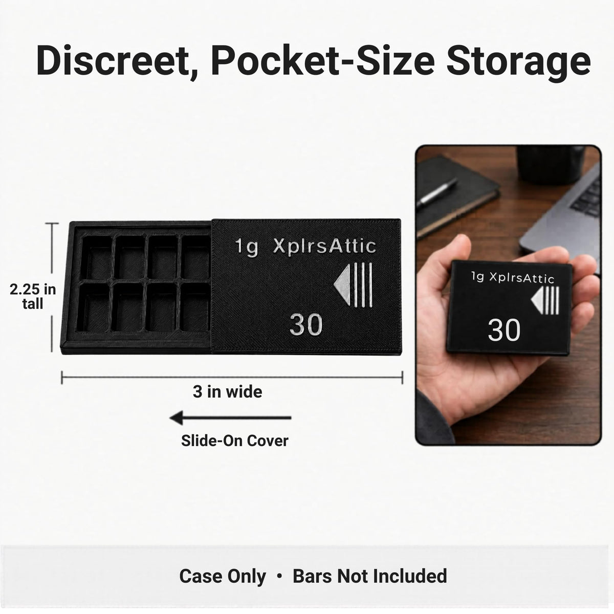 1 Gram Bar Storage Case with Slide Cover, 10-Slot 3D Printed Holder Tray, Holds up to 30 Scottsdale-Style Mini Bars, Compact Black Display Organizer, Case Only