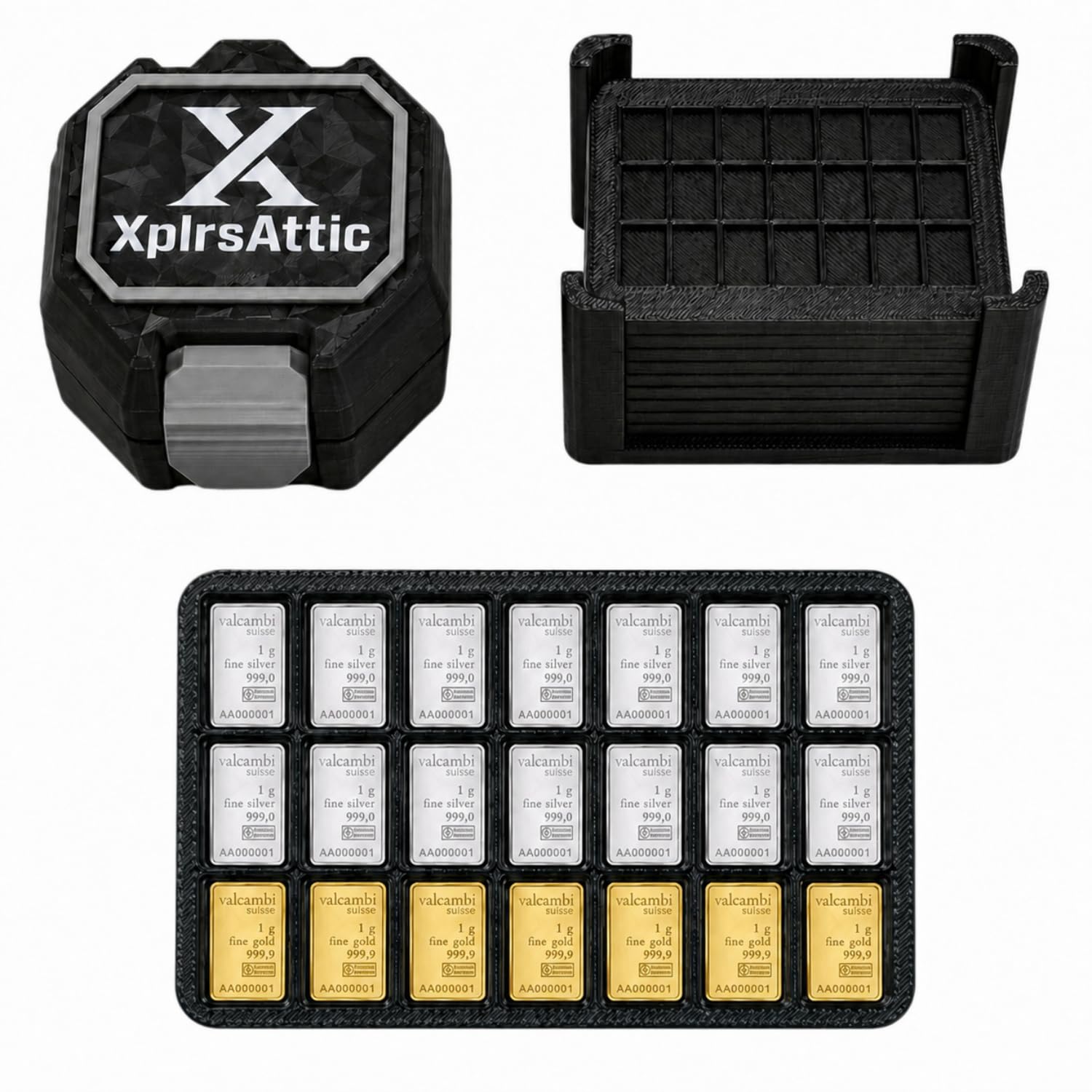XplrsAttic 210-Slot Bullion Bar Storage Case - 1 Gram Valcambi-Style CombiBar Organizer, 10 Removable 21-Slot Trays, Compact Display Holder, Case Only