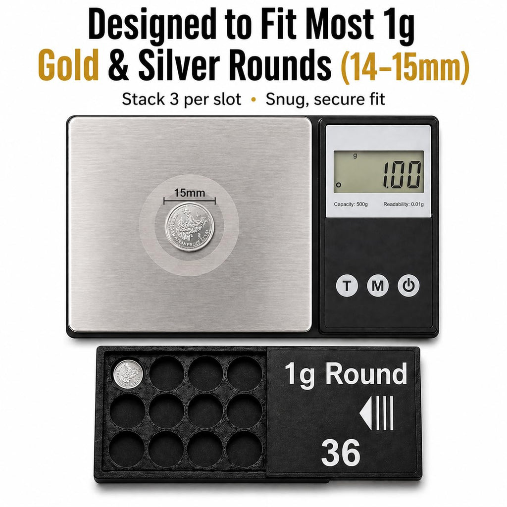 Bullion Storage Case for 1g Rounds - Holds 36 Gold Silver Platinum Rounds - 15 mm Precision Holder with Sliding Cover - Compact Organizer (1 Silver Round Included)