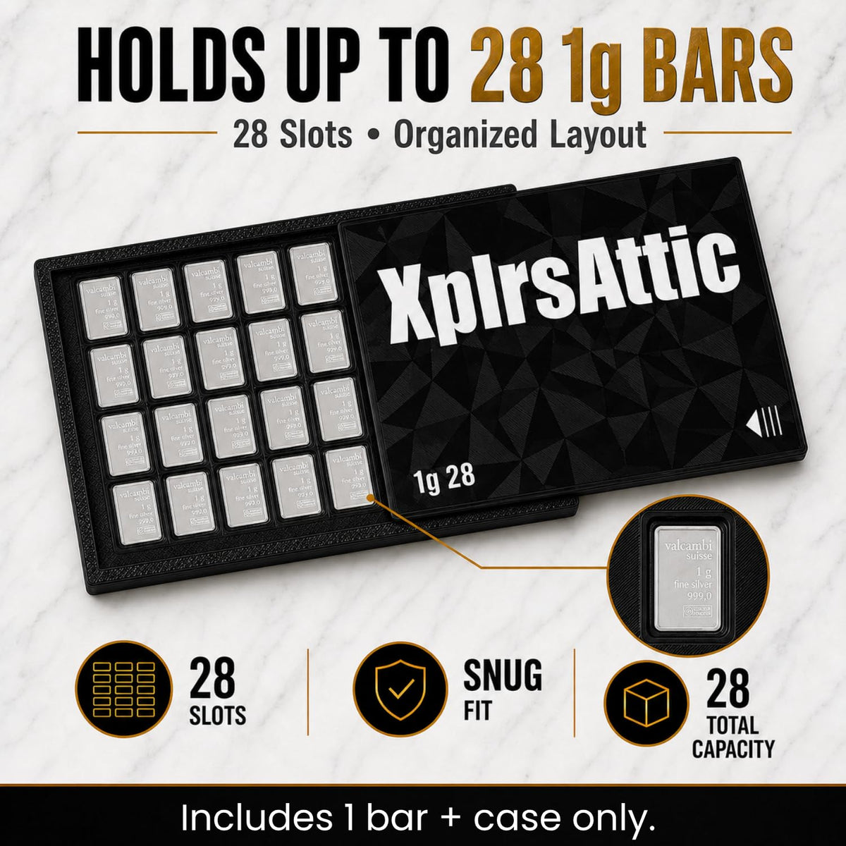 XplrsAttic 1 Gram Bullion Bar Holder Case - 28-Slot Valcambi-Style CombiBar Storage Wallet for Gold Silver Platinum Bars, Stacker Organizer