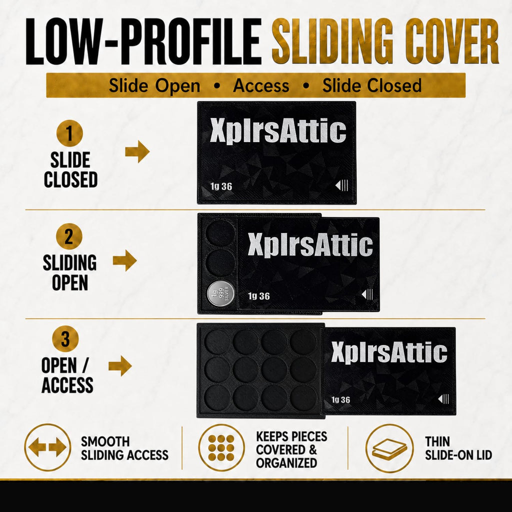 XplrsAttic 1 Gram Round Storage Case - 36-Slot Holder for Gold, Silver & Platinum Bullion Rounds, 15mm Precision Slots with Sliding Cover