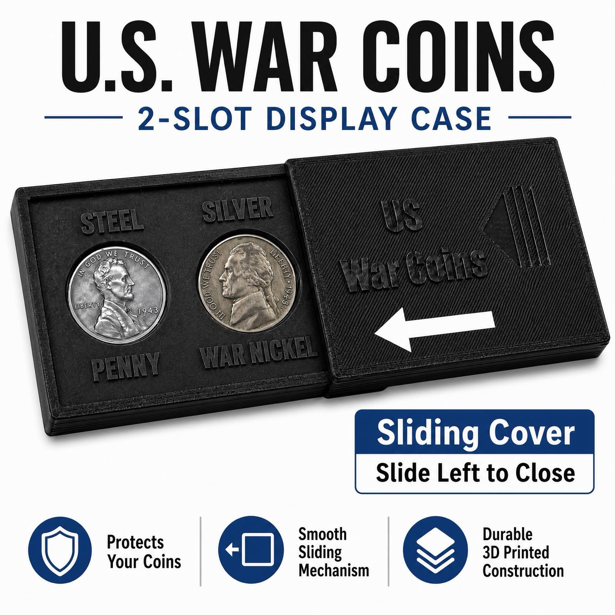 WWII War Coins Display Case with Authentic Steel Penny & Silver War Nickel – US Historical Coin Holder, 2 Slot Collector Display, Educational WWII Memorabilia Gift