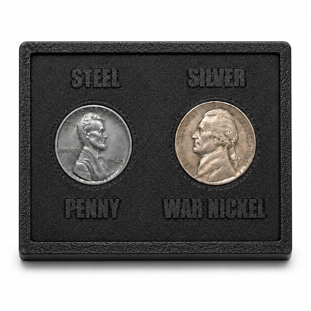 WWII War Coins Display Case with Authentic Steel Penny & Silver War Nickel – US Historical Coin Holder, 2 Slot Collector Display, Educational WWII Memorabilia Gift