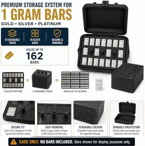 Display Case for Combibars Gold Silver Platinum Bars 1 Gram Holders, 162 Capacity Storage System (9 Trays) Collector Display for Desk, Office or Gift (Case Only, No Bars)