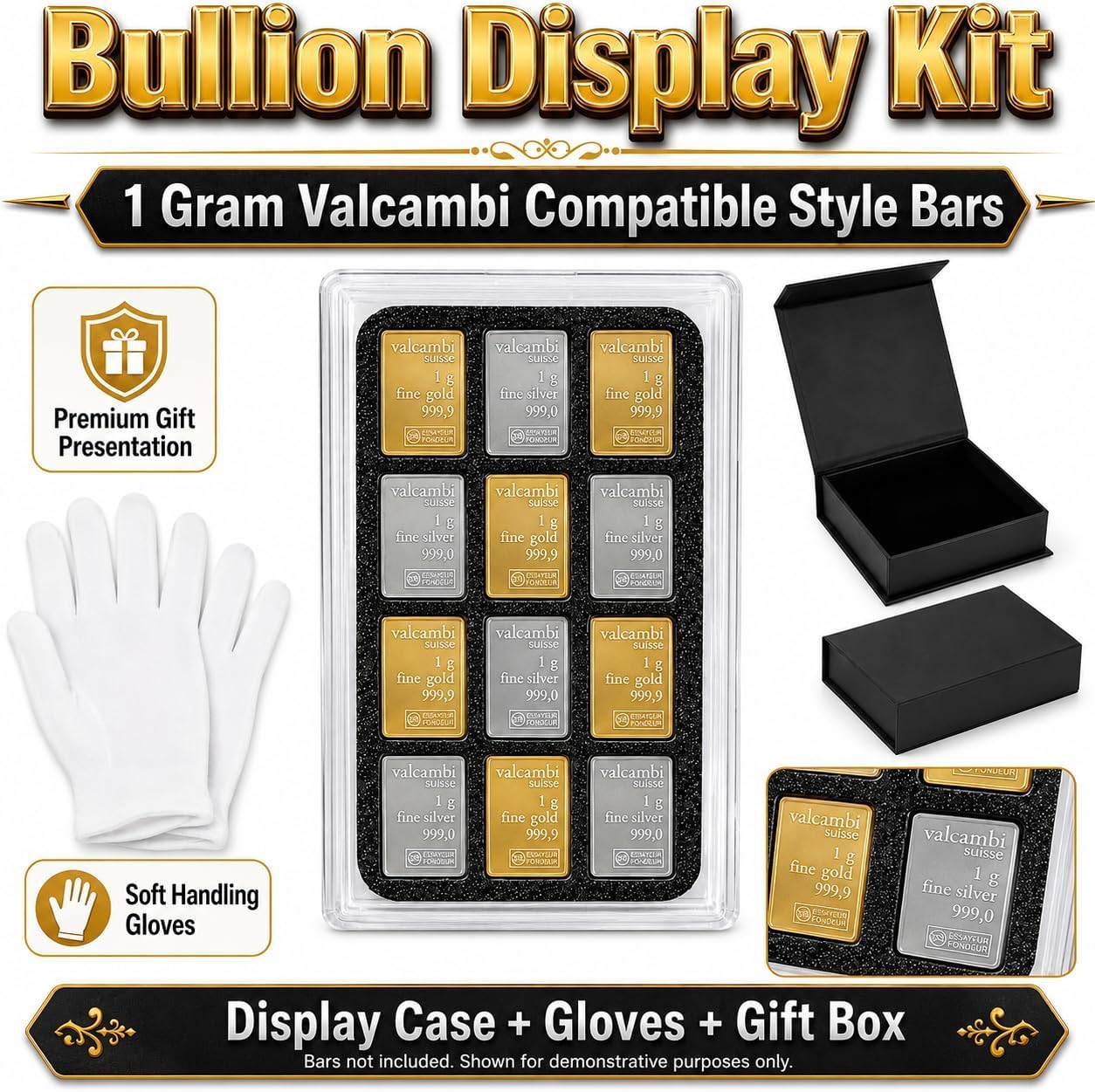 1 Gram CombiBar-Style 12-Slot Bullion Bar Display Case Gift Set – Holder for Small Gold, Silver, and Platinum Bars with Collector Accessories