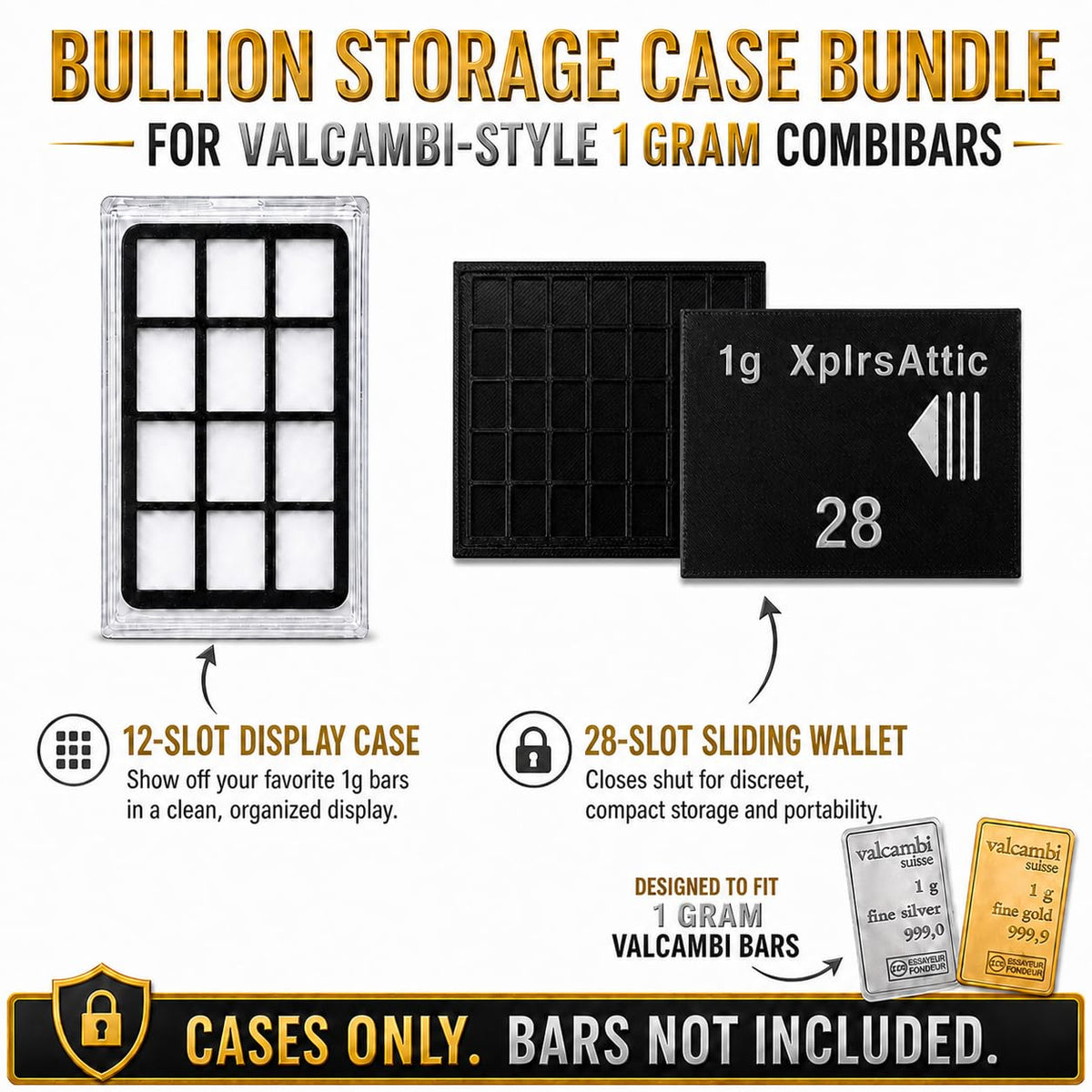 1g Bullion Bar Storage Case Bundle – 28 Slot Sliding Wallet + 12 Slot Display Case for Valcambi Style CombiBars, Silver Gold Platinum Bar Organizer, Desk Safe Pocket Storage (Cases Only)