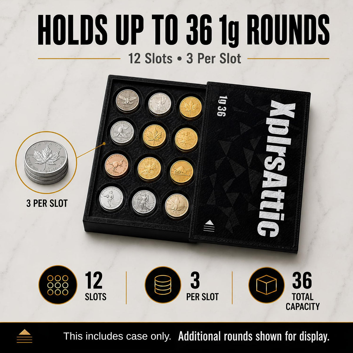 XplrsAttic 1 Gram Round Storage Case - 36-Slot Holder for Gold, Silver & Platinum Bullion Rounds, 15mm Precision Slots with Sliding Cover