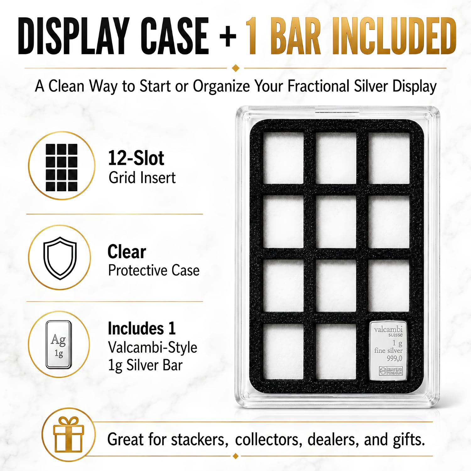 XplrsAttic 1 Gram Silver Bar Display Case - 12-Slot Bullion Holder for Valcambi-Style CombiBars, Fractional Gold Silver Platinum Stacker Organizer for Desk, Safe & Collector Storage