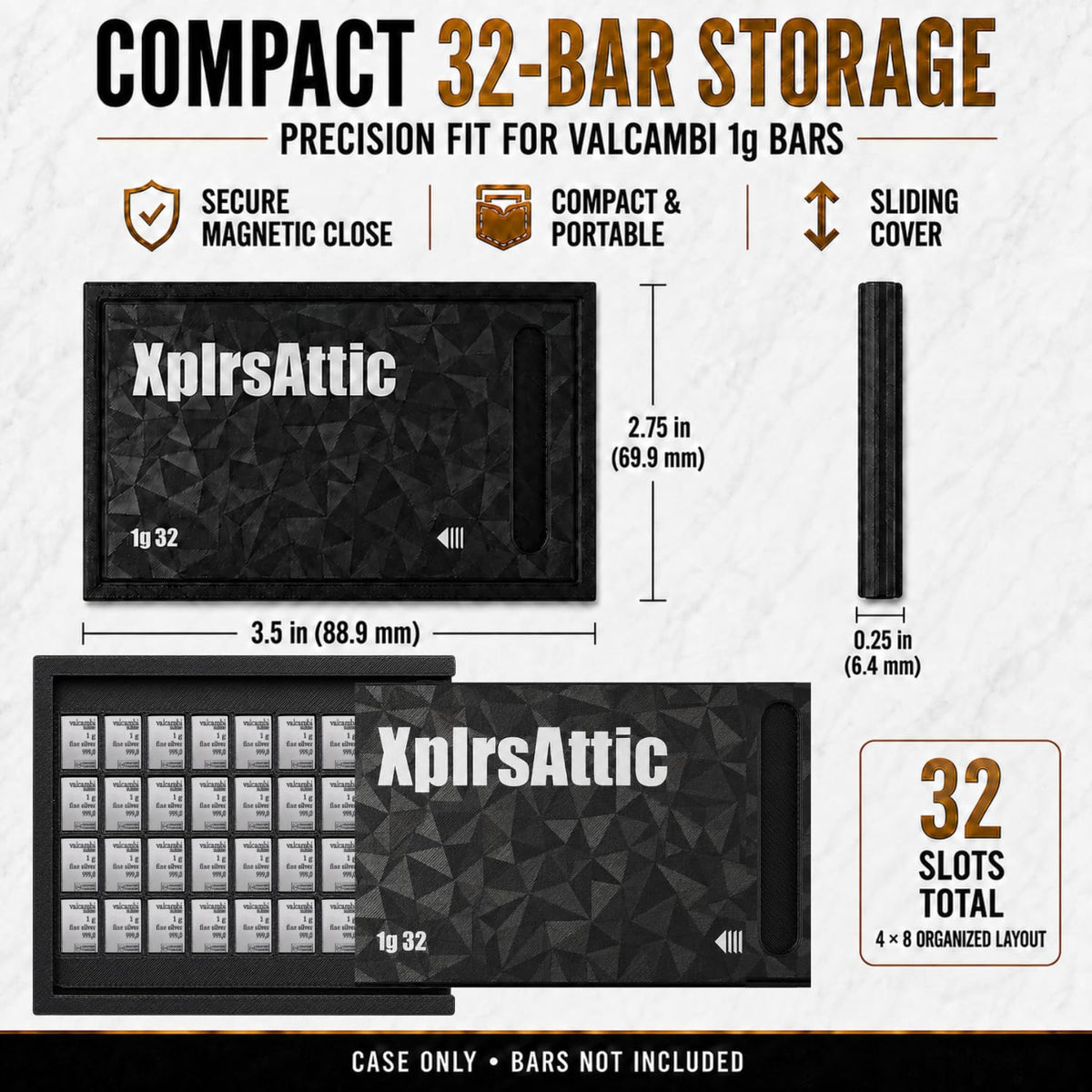 XplrsAttic 32 Slot Bullion Bar Storage Wallet,1 Gram Gold Silver Valcambi Style CombiBar Holder, Slim Magnetic Sliding Case, 4x8 Organizer, Coin Case, Bars Not Included